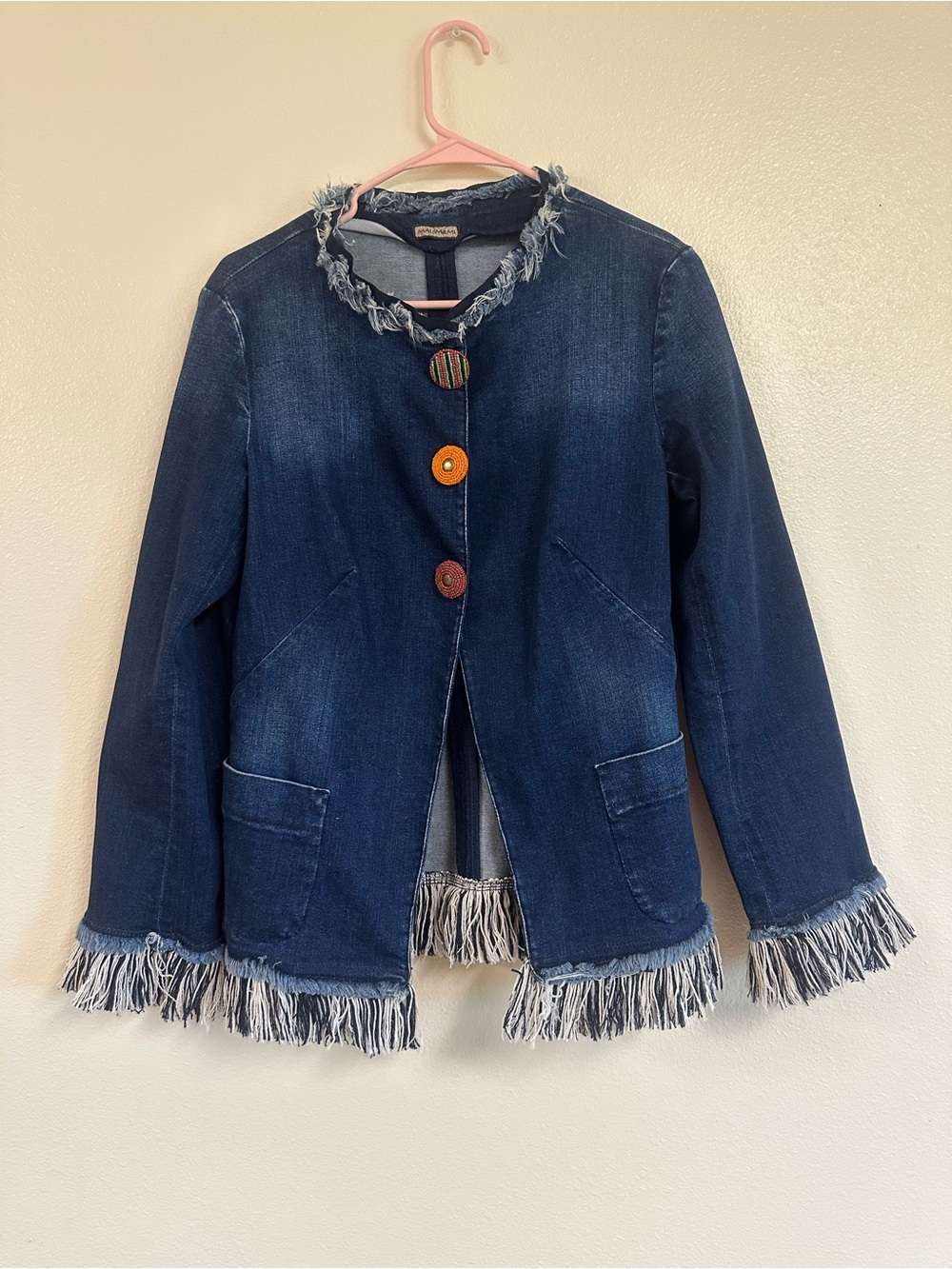 Maliparmi Blue Denim Fringe Hem Statement Button Blazer Jacket